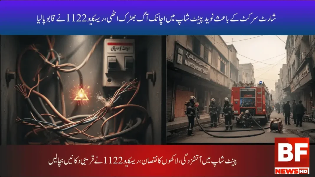 شارٹ سرکٹ کے باعث نوید پینٹ شاپ میں اچانک آگ بھڑک اٹھی، ریسکیو 1122 نے قابو پا لیا